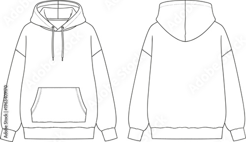 Oversized Hoodie Technical Sketch Front and Back View Vector Illustration for Fashion Design Apparel Template Sweatshirt Mockup and Garment Development