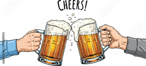 Two Hands Toasting with Beer Mugs Clinking Glasses with Foam and Bubbles for Celebration Party Oktoberfest Pub Bar and Brewery