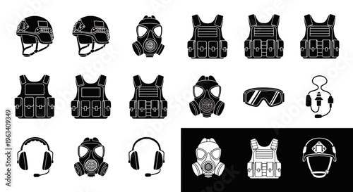 Military Tactical Gear and Protective Equipment Icon Set