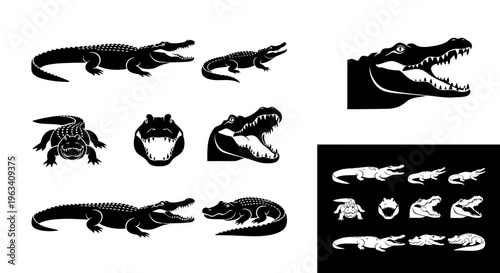 Set of Alligator and Crocodile Silhouette Icons
