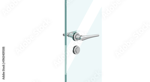 A sleek silver door handle and a circular lock are mounted on a clear glass door against a plain white background.