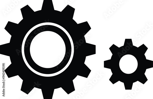 Black and white gear wheels vector illustration, industrial cogwheel icons, mechanical settings symbol isolated on black background for business projects.