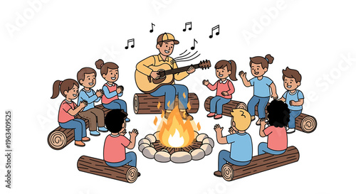 Camping, kids, campfire, guitar, music, vector illustration, outdoor fun, children playing