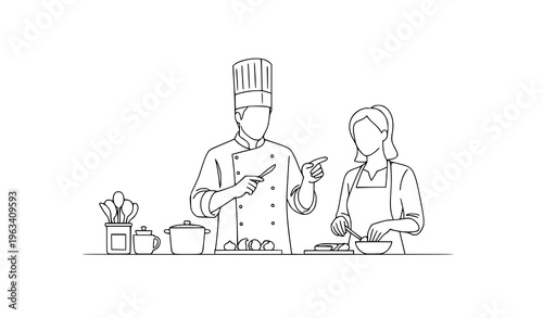 Minimal chef guiding woman cooking lesson line art vector illustration isolated on white background