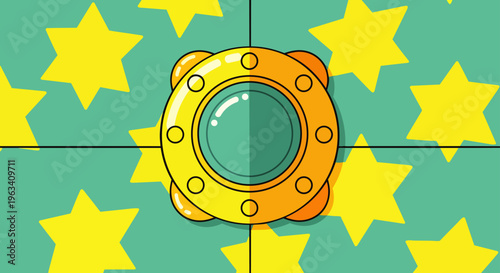 golden porthole futuristic device game interface cartoon on teal background with yellow stars perfect for digital design.