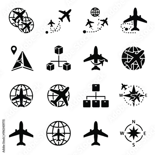 Black and white airplane travel icons and symbols