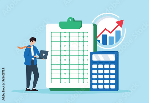 Flat illustration of accountant use calculator and spreadsheet to produce report for financial analysis