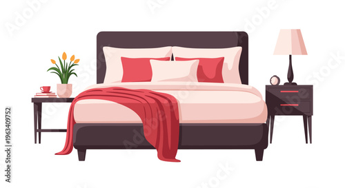 A vibrant illustration displays a dark brown bed with red and white bedding, flanked by two nightstands with a lamp, plant, and accessories on a white background.