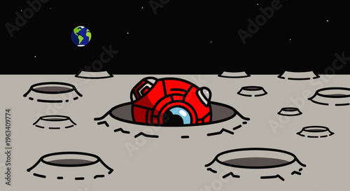moon robot crash a red robot head peeks from a lunar crater with earth visible in the dark space sky a cartoon illustration of space exploration.