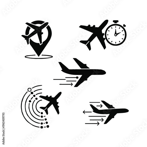 Air travel icons including airplanes clock and navigation symbols