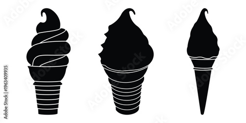 Soft Serve Ice Cream Icon Set – Cone Dessert, Sweet Food Silhouette Vector