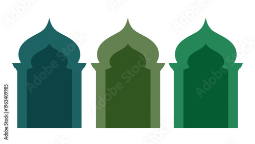 three islamic archways ornamental window frames and elegant mosque architecture elements in various green shades ideal for ramadan and eid celebration graphics.