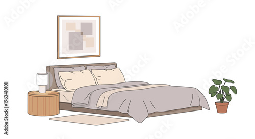 A minimalist illustration shows a light grey bed with beige bedding, a round nightstand, a framed picture, and a potted plant on a white background.