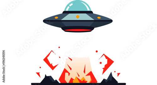 ufo alien spaceship hovering above a fiery explosion causing destruction at a crash site perfect for sci-fi and disaster concepts.