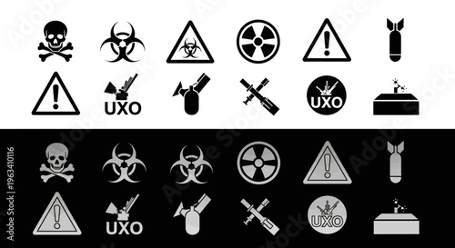 Set of Hazard and Warning Icons for Military and Industrial Safety