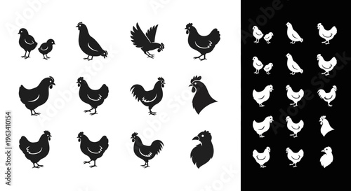 Set of Chicken and Rooster Silhouette Icons