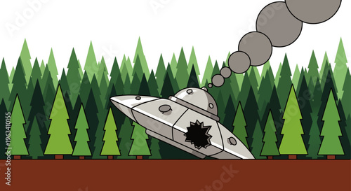 ufo crash alien spaceship flying saucer in a forest after an accident smoking with a broken hull a mysterious scene for sci-fi visuals.