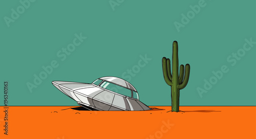 ufo and flying saucer a crashed alien spaceship is half-buried in a vibrant desert landscape next to a saguaro cactus evoking mystery.