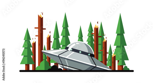 ufo crash an alien spaceship makes an emergency landing in a forest with broken trees depicting a mysterious sci-fi incident.