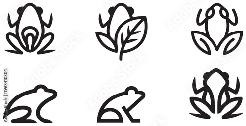 Set of stylized frog icons and symbols in a minimalist line art style.