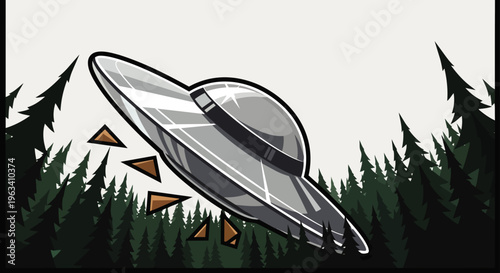 ufo spaceship flying saucer crash over a dense forest depicting a mysterious alien encounter vector illustration.