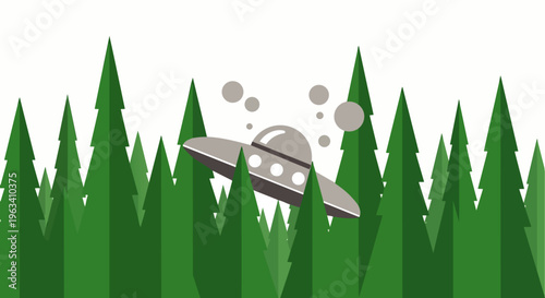 ufo spaceship flying through a dense green forest a whimsical flat design illustration of a mysterious alien encounter in nature.