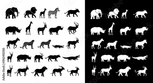 Set of African Safari Animal Silhouettes in Black and White