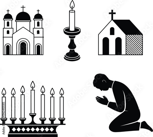 Black and white vector illustration set containing church buildings religious candles menorah and a person kneeling in prayer silhouette