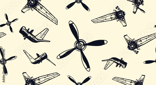 vintage airplane and propeller seamless pattern perfect for retro aviation backgrounds textile or flight-themed design elements.