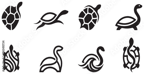 Collection of stylized turtle and swan icons in black and white, representing nature and simplicity.