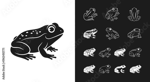 Set of Frog Icon Illustrations in Flat Minimalist Style