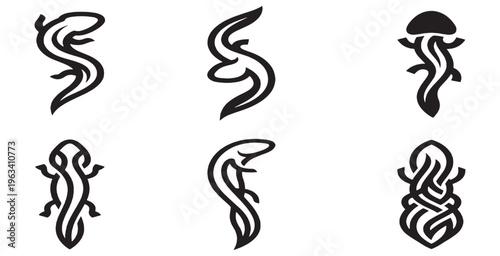 Collection of stylized aquatic animal icons in black and white, including salamanders, axolotls, and jellyfish.