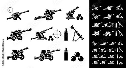 Set of Artillery Cannon Icons and Military Weapon Silhouettes