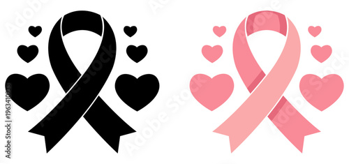 Breast cancer awareness month design, Awareness ribbon black and pink color vector icon isolated on white background 