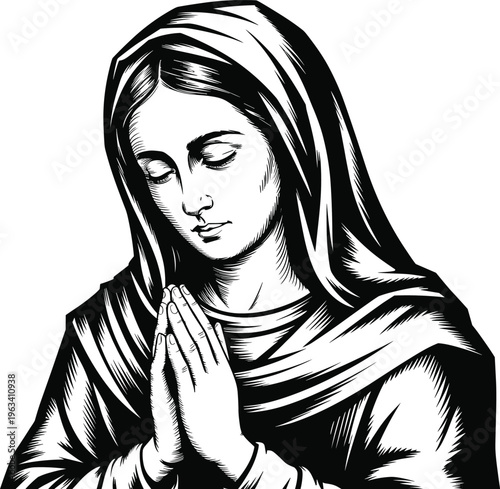 Black and white vector line art illustration of Virgin Mary praying with hands folded in religious devotion and faith