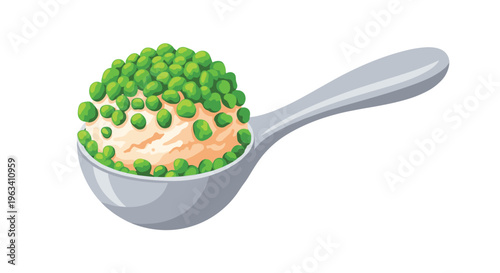 A silver ice cream scoop holds a scoop of cream-colored ice cream topped with many green peas on a white background.