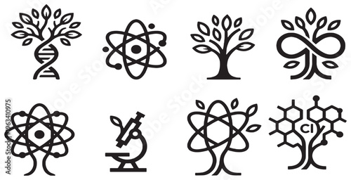 Collection of stylized icons representing science, biology, and infinity, including DNA, atoms, trees, and molecular structures.