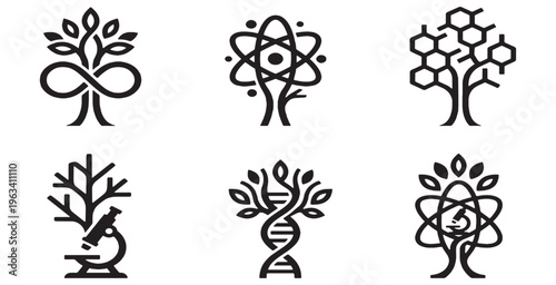 Set of stylized trees representing science and nature.