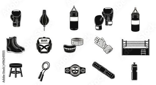 Set of Boxing and Combat Sports Equipment Icons