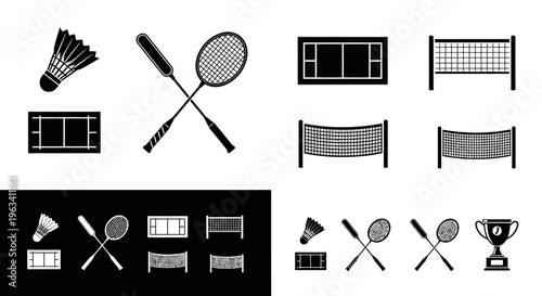 Badminton Sport Icons Set with Rackets Shuttlecocks and Courts