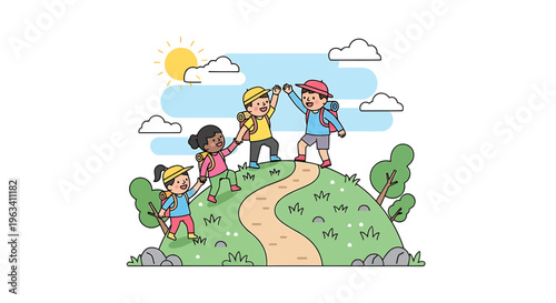 Cartoon kids hiking, happy children on trail, outdoor adventure, green hill landscape