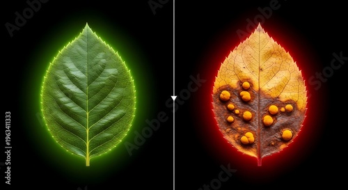 Green leaf side by side with leaf infected by rust fungus showing orange pustules.
