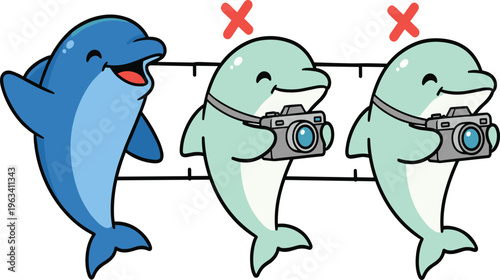 Dolphin character size comparison illustration with cute marine animals and camera concept, cartoon sea life vector isolated on white background for design