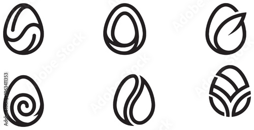 Set of six stylized egg icons with abstract designs and natural elements.