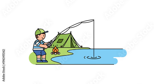 Camping, fishing, outdoor recreation vector icon, illustration, cartoon style