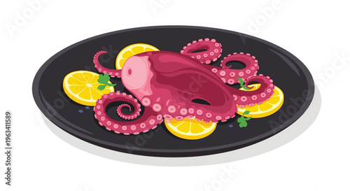 A cooked pinkish-purple octopus with curled tentacles is garnished with lemon slices and parsley on a dark round plate.