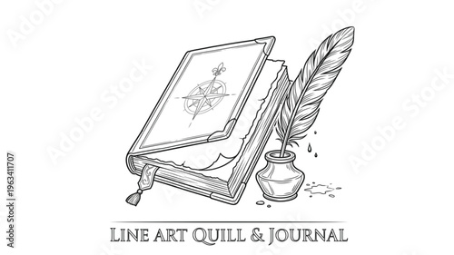 Vintage Leather Bound Journal and Inkwell Sketch.