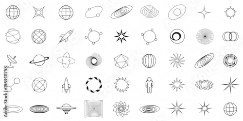 A collection of various celestial icons and symbols are displayed in rows on a plain surface.