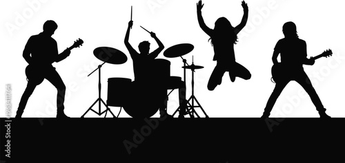 Black silhouette vector illustration of a rock band performing on stage with guitarists drummer and a jumping lead singer