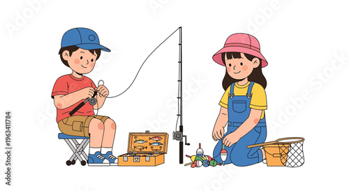 Fishing kids, children fishing, outdoor fun, recreational activity, vector illustration
